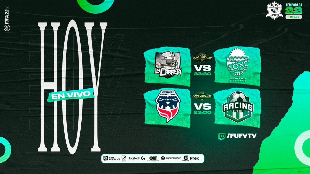 Esta noche en VIVO 📺🎙️

 #CopaUruguayFUFV "Jonathan González"⭐🏆🇺🇾🎮⚽

Semifinales

<a href="/LaCarretaFC/">𝗟𝗮 𝗖𝗮𝗿𝗿𝗲𝘁𝗮.</a> 🆚 <a href="/tyteSports/">Treinta Y Tres eSports</a> 
<a href="/Rusticos_FC/">Rústicos FC</a> 🆚 <a href="/RacingMeSports/">RACING | eSports</a> 

➡️ Twitch.tv/fufvtv
➡️ Twitch.tv/Fufvtv

🎙️ <a href="/DaroBuonomo14/">Daro Buonomo</a>  <a href="/GamesCabeza/">Cabeza Games</a>

<a href="/PrexUruguay/">Prex Uruguay</a>