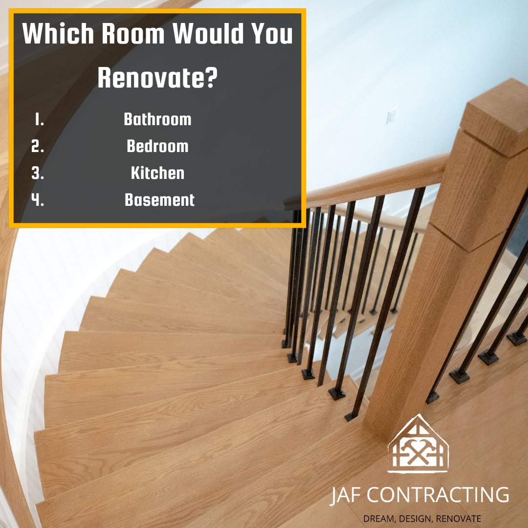 JAFContracting's tweet photo. Which room in your home would you renovate first &amp; why?

1.Bathroom
2.Bedroom
https://t.co/YsNvZmtyXt
4.Basement

Leave 1,2,3 or 4 in the comments!
.
#renovate #kitchen #bathroom #basement #bedroom #homerenovation #contractor #JAFcontracting #dreamhome #homedesign #customstairs https://t.co/fLF2rbznXx