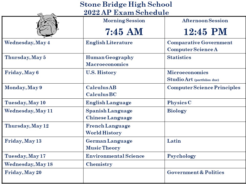 RTL@SBHS on X: "ATTENTION BULLDOGS... the revised AP testing schedule has  been posted. Mark your calendar! https://t.co/OD3WimNSD5" / X