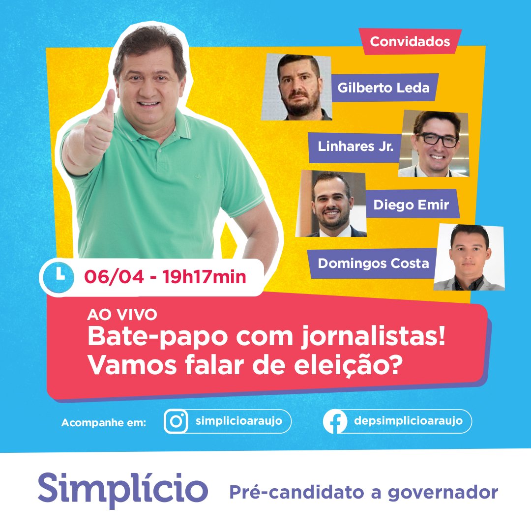 SimplicioAraujo's tweet image. Hoje, 6/4, a partir das 19h17, vamos bater um papo reto sobre eleições com uma turma de jornalistas. É o tema do momento, sem dúvida.

Trocar ideias, expor propostas, falar de política e do futuro do Maranhão. É imperdível! 

#SIMbora!

#SimplícioAraújo
#LiveSimplício