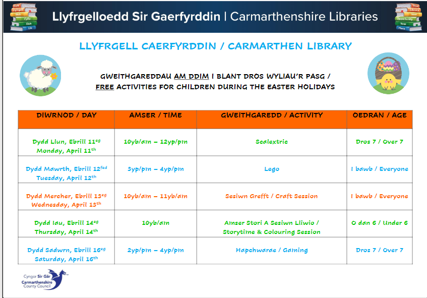 OnnenORS's tweet photo. Take a look at what's happening in Carmarthen Library over the Easter holidays... @CarmsCouncil 
#OldRoadSchool #freeactivities https://t.co/XTzvdV58Mw