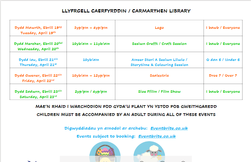 OnnenORS's tweet photo. Take a look at what's happening in Carmarthen Library over the Easter holidays... @CarmsCouncil 
#OldRoadSchool #freeactivities https://t.co/XTzvdV58Mw