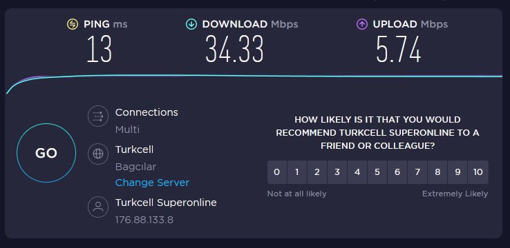 IkisSaffet's tweet photo. @TurkcellHizmet Hız testinde sonuç bu şekilde fakat herhangi bir dosya indirmede hızım 500 kb/s civarında https://t.co/ZqYlKCOhYk