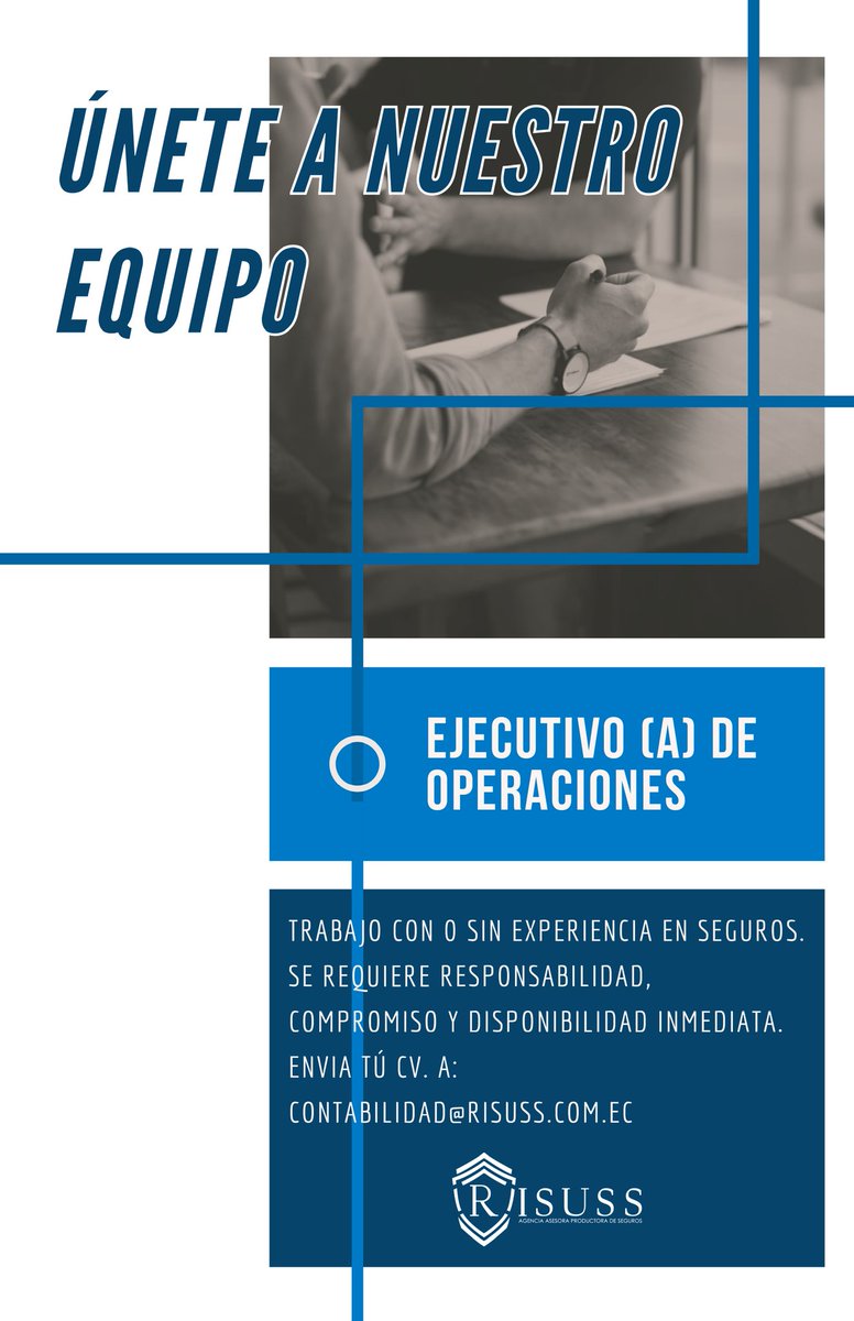 Risuss Seguros (@risuss_ec) on Twitter photo ¡OPORTUNIDAD LABORAL!
Únete al #TeamRisuss
ENVIA TÚ CV A: CONTABILIDAD@RISUSS.COM.EC
#sihaytrabajo #oportunidadlaboral #Risuss #guayaquil ¡OPORTUNIDAD LABORAL!
Únete al #TeamRisuss
ENVIA TÚ CV A: CONTABILIDAD@RISUSS.COM.EC
#sihaytrabajo #oportunidadlaboral #Risuss #guayaquil