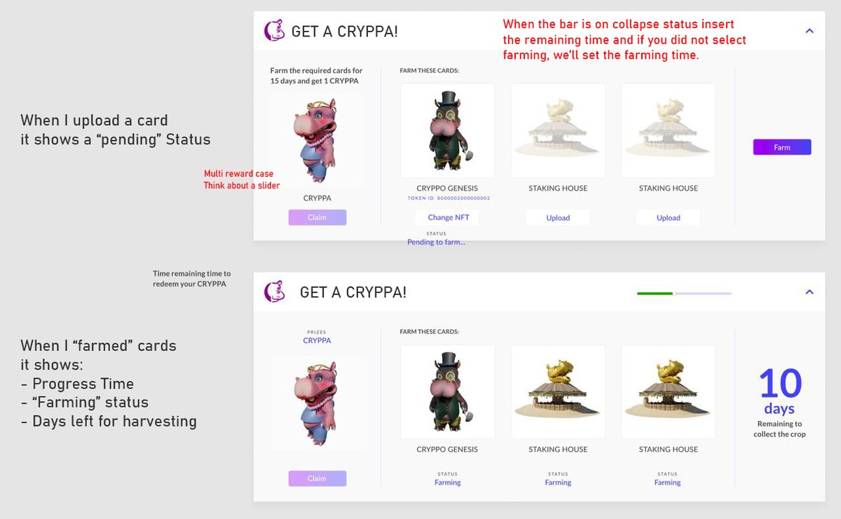 Fam!
We got exciting news for you!

We can finally start giving you details about Cryppa and the Staking system.
Below a first "map" on how the system would work!

You ready?

#cryppa #stake #staking #nfts