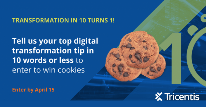 Tricentis's tweet photo. Our podcast turns 1 year old today! It’s celebration and contest time – share your top digital transformation tip in 10 words or less. To enter, share your tip on LinkedIn or Twitter with the hashtag #transformationin10 or email podcast@tricentis.com by April 15. https://t.co/vpQ0wg3cMR