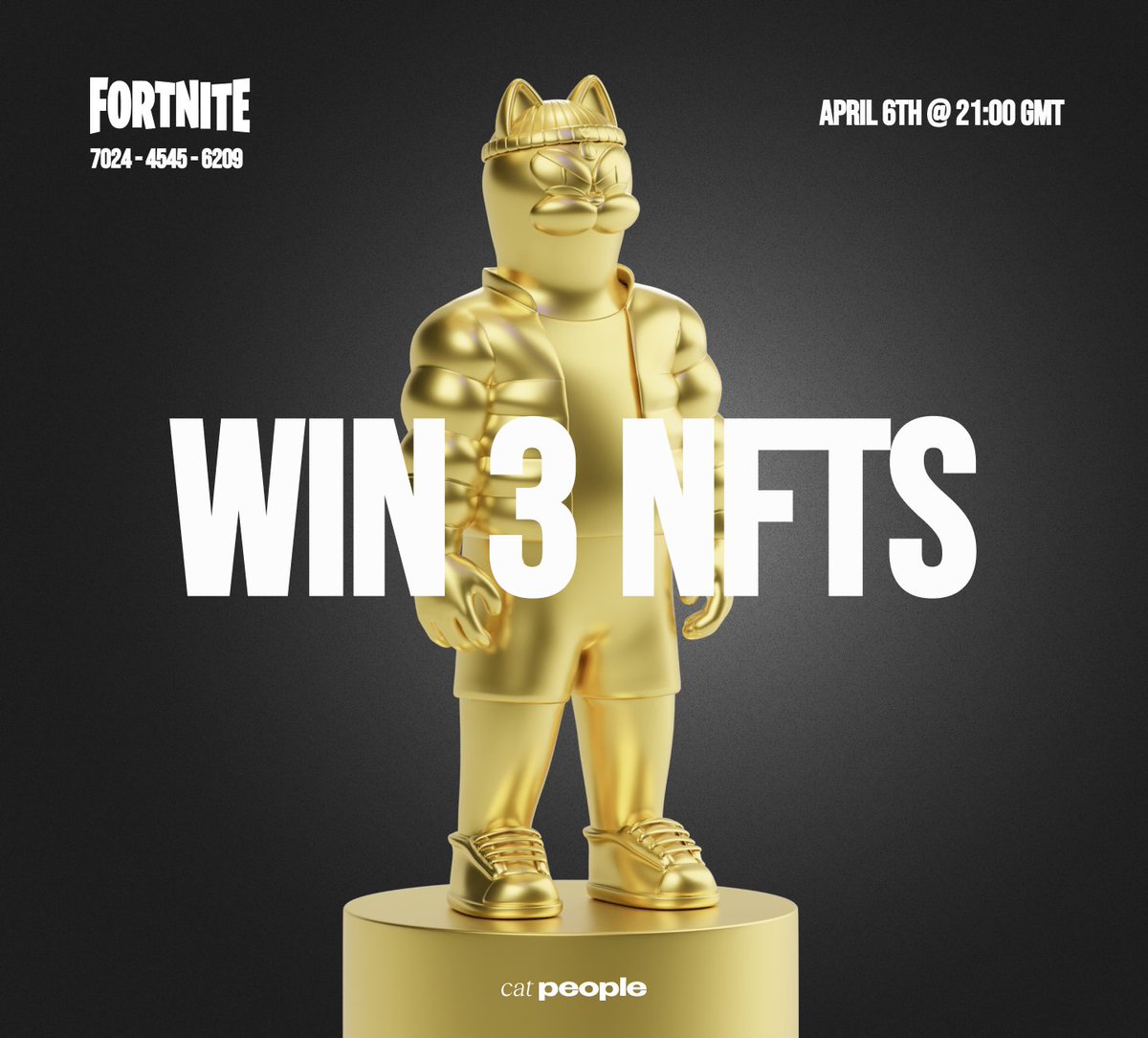 One hour until the event starts! Join us on our very own Cat People Island, created by <a href="/JuniorChubb/">Junior-Chubb</a>! We will play three rounds of Battle Royale, and there will be three winners!

7024 - 4545 - 6209 is the Island Code!

#CatPeople #NFTCommunity #Contest #NFT #NFTs #FPS #Giveaway