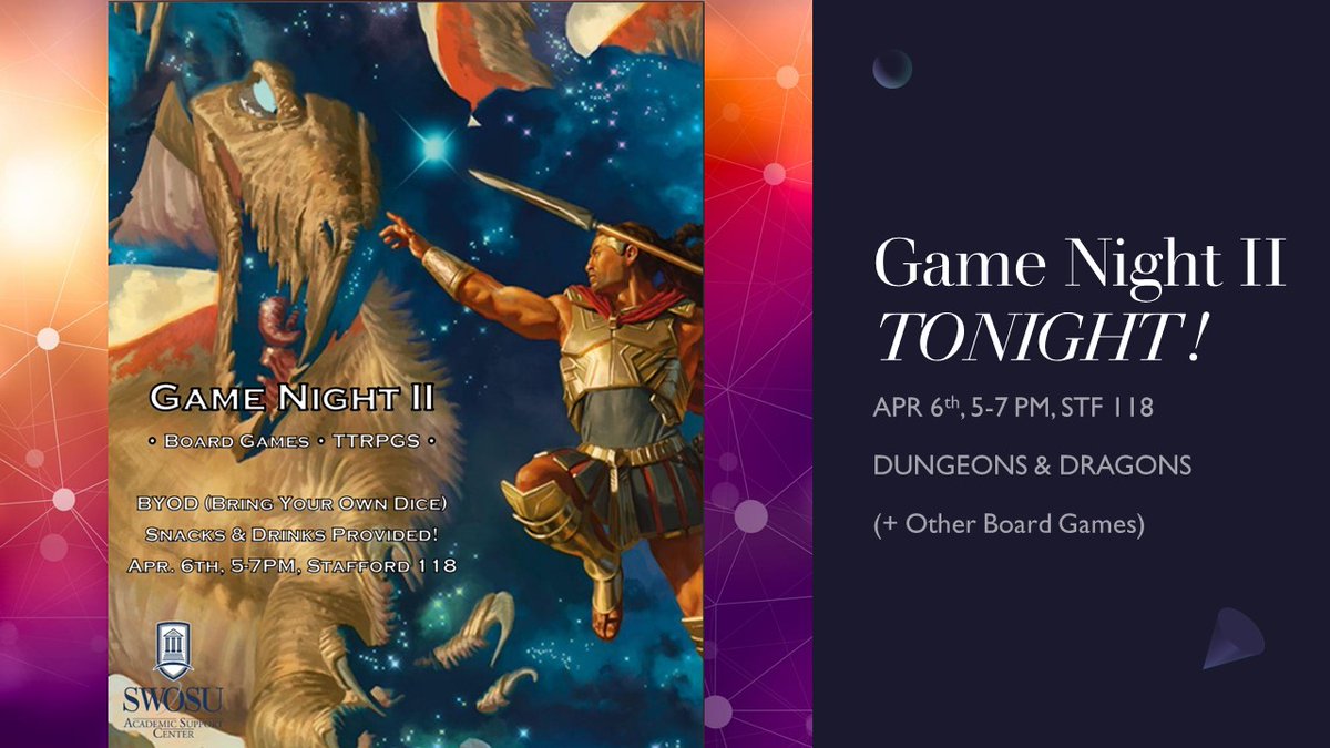 SWOSUSupport's tweet image. 🧙⚔️ ADVENTURERS ⚔️🛡️ (&amp;amp; boardgame enjoyers), the ASC is having its second tabletop gaming night in Stafford 118 TONIGHT from 5-7PM!

We will be running a D&amp;amp;D 5E one-shot, but GMs are welcome to bring their own material for others. We also have cards and other boardgame classics!