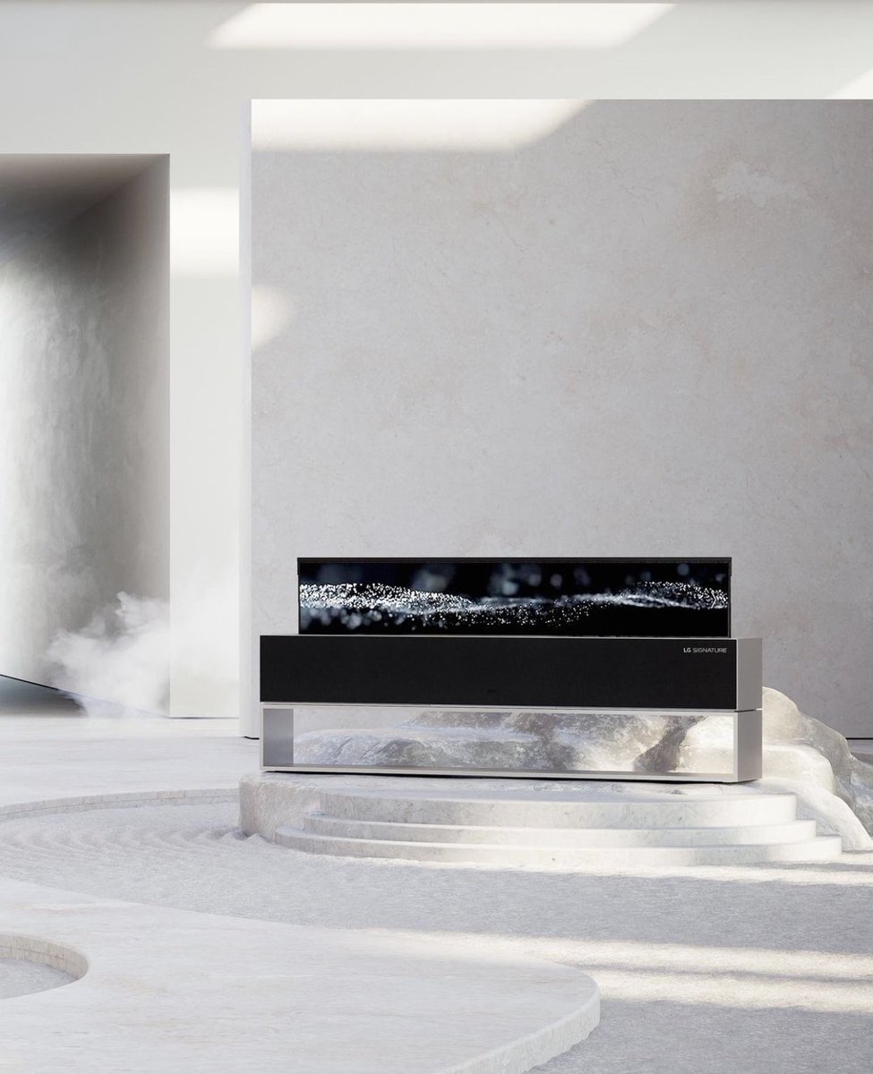 LGGulf's tweet photo. Marble, sand, granite, and other white-hued materials highlight the OLED R set in Line View, an objet that is the cumulation of cutting-edge new technology.
#lgsignature #oledr #rollabletv #lineview #fullview https://t.co/QF8YfX8LcP