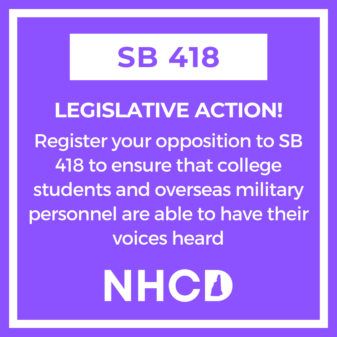 NHCollegeDems's tweet photo. 🚨 URGENT ACTION ITEM: Register your opposition to SB 418. This bill would complicate same day voter registration in New Hampshire and make it more difficult for college students to vote. Click on the link in our bio and register your opposition TODAY. #NHPolitics https://t.co/zERXE7xo88