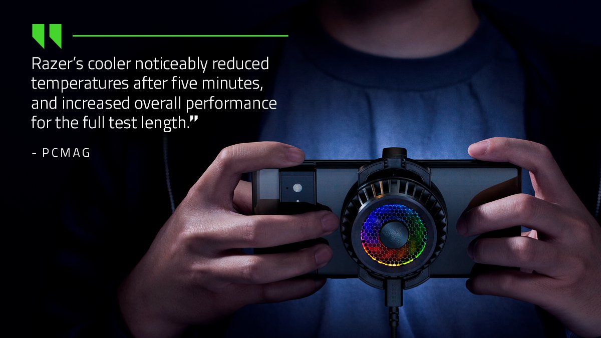 Razer's tweet photo. The Razer Phone Cooler Chroma reduces overheating and improves your smartphone’s performance during your most intense gaming sessions. Our friends at @PCMag puts it to the real world tests to find significant temperature improvements. Read more here: https://t.co/8w8ZJcA0xF https://t.co/ZFXTR034kw