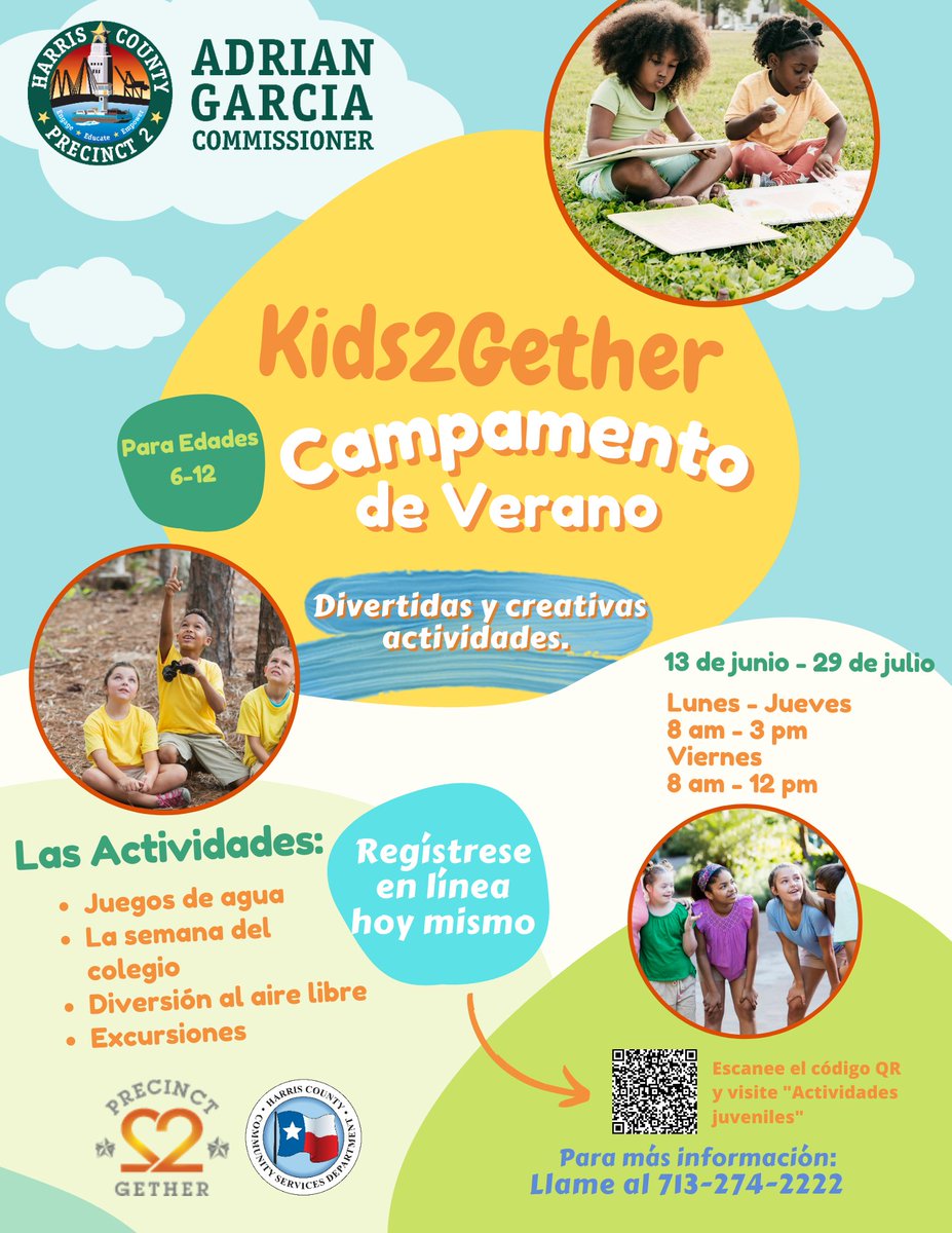 HarrisCoPct2's tweet photo. Have you heard the news?! Kids2gether Summer Camp is back and more FUN than ever! This summer, we welcome kids ages 6-12 to join us at our 8 different locations.

Register TODAY, visit https://t.co/uXk8cmhsAz or call 713-274-2222. 

@Precinct2gether  @HarrisCountyCSD https://t.co/x3zLKDLuAU