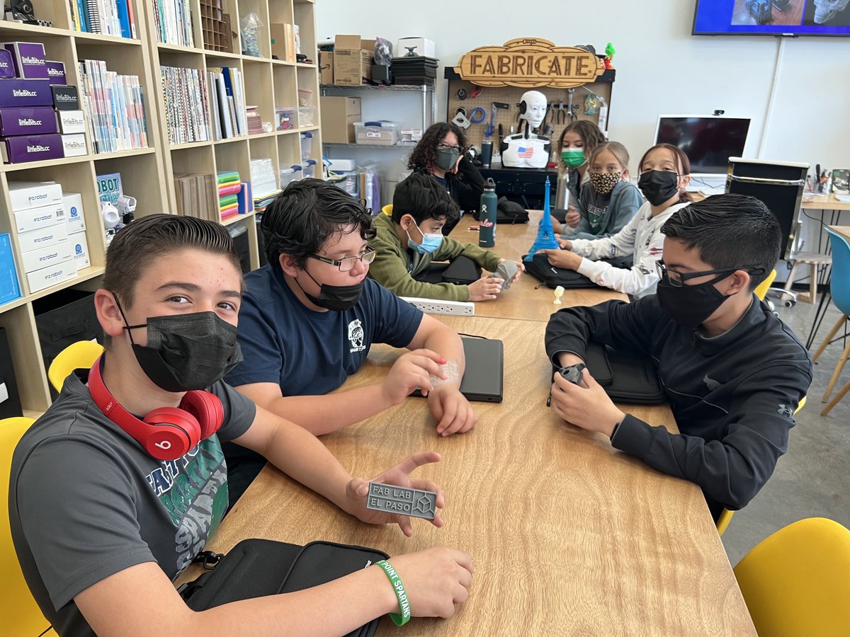 FabLabEP's tweet photo. Thank you @EastPointES1 of @YsletaISD for spending a full day with us to learn about #3DPrinting and computer-aided modeling. We had a great time with you and can't wait to see how you apply your new skills in STEM as well as Art and Design. #FabLabEP #ElPasoMakerspace #STEMK12 https://t.co/NjRCyMD61S