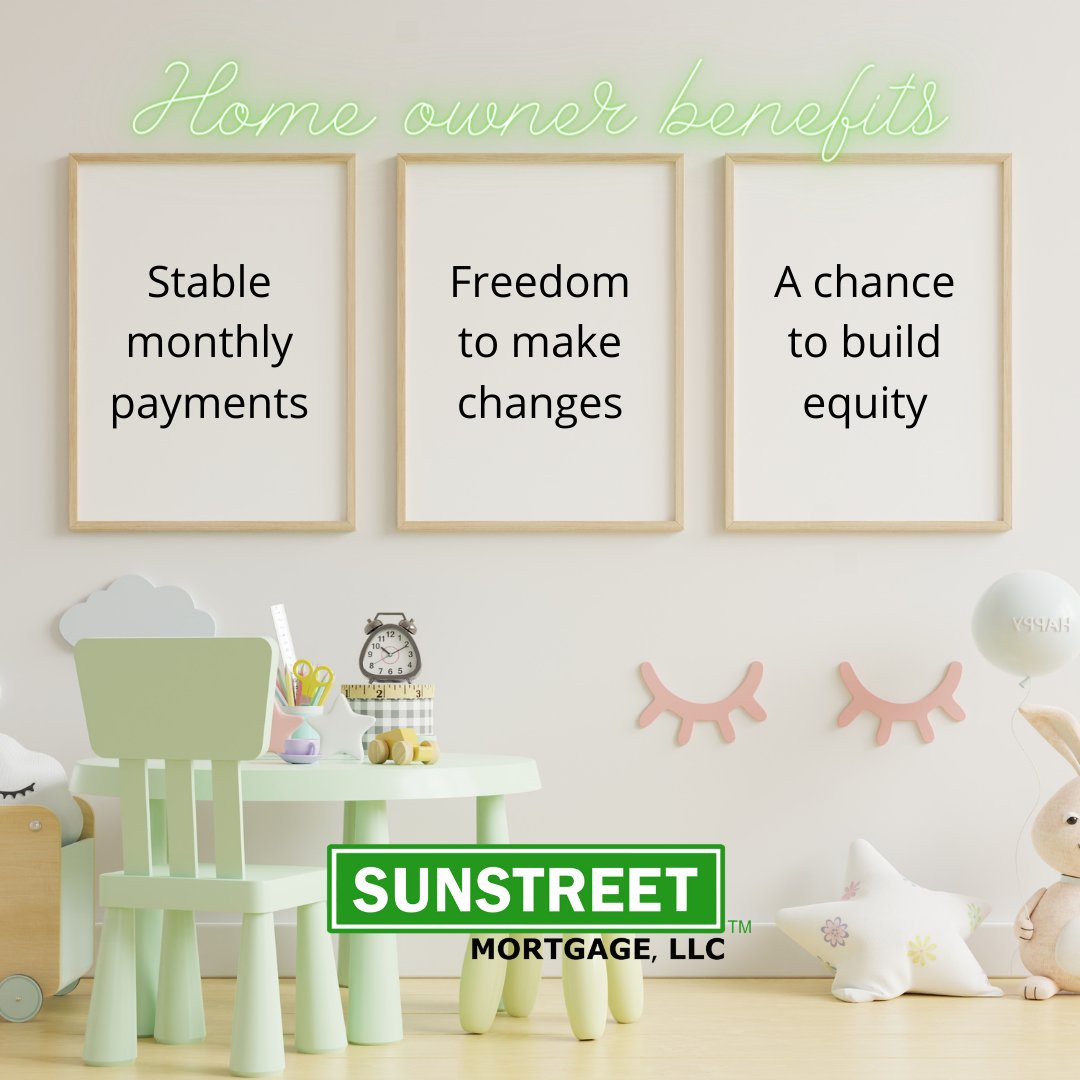 Owning a home comes with many benefits. Knowing your mortgage payment every month gives you stability with your finances. Homeownership allows you to make any changes, such as a remodel, as you see necessary! sunstreetmortgage.com