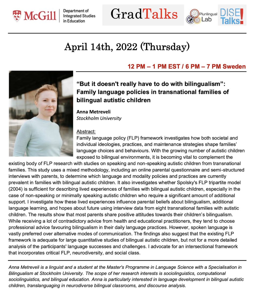 PlurilingualLab's tweet photo. 📢Join us for our next Plurilingual Lab #GradTalk on April 14 at 12pm (EST) via Zoom💻
@asmetreveli of @Stockholm_Uni will talk about language policies in families of bilingual autistic children. All are welcome! Check the link below to register⬇️ https://t.co/AZgc9xcZEE https://t.co/XpHVpib4On