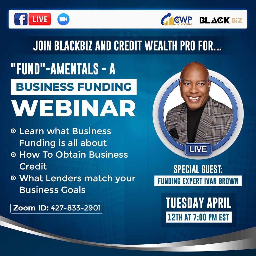 BLACKBiz_app's tweet photo. Mark your calendar for this free webinar and learn about the 6 Types of Financing You Can Get Right Now…Even if You Have Credit Issues or No Collateral.
#creditwealthpro
#financetips
#financialfreedom
#blackfinance
#TogetherWeAreTheAnswer 
#blackwealth https://t.co/RfWvHQUWBE