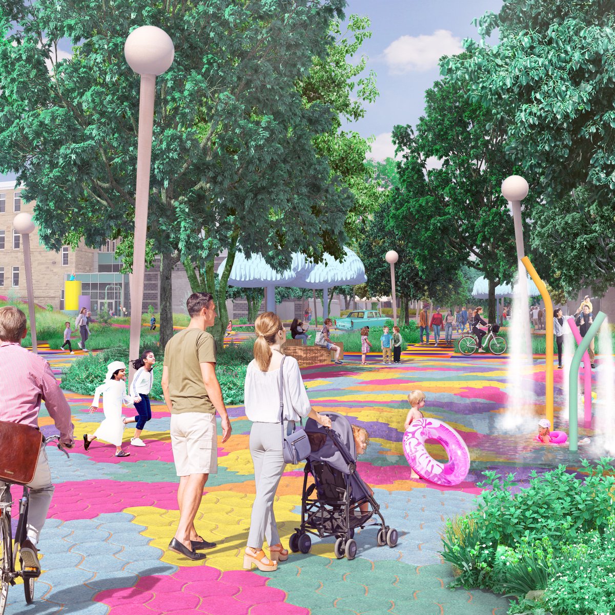 We’ll start with a banger of a sneak peek, this dreamy street view from <a href="/SPECTACLEbureau/">SPECTACLE</a>. This is 13th Ave downtown with Connaught School in the background. Can you just imagine!?🌈🫧💚