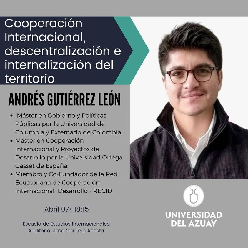 #Mañana 📢🟠 #Cuenca participa de la conferencia organizada por <a href="/eeiiuda/">Escuela de Estudios Internacionales UDA</a> sobre Cooperación Descentralizada e Internacionalización del Territorio.
🗣️ Por Andrés Gutiérrez León <a href="/andresgutileon/">Andrés Gutiérrez León</a>, Miembro y Cofundador de RECID
📆 jueves, 7 de abril 
🕙 18:00
📍 Auditorio: José Cordero