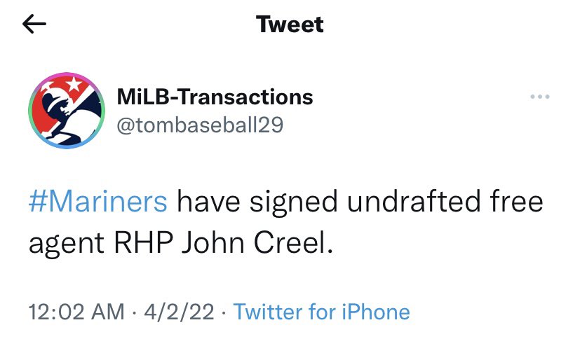 Akron Zips Baseball (@zipsbb) on Twitter photo We’d like to wish a special congratulations to ‘21 baseball alum <a href="/JohnEcreel/">John Creel</a> for signing a free agent contract with <a href="/Mariners/">Seattle Mariners</a>! John will report to Low-A <a href="/ModestoNuts/">Modesto Nuts</a>. Creel is officially our first #ProZip of the new era of Akron Baseball. Congrats Big John! #FindAWay We’d like to wish a special congratulations to ‘21 baseball alum <a href="/JohnEcreel/">John Creel</a> for signing a free agent contract with <a href="/Mariners/">Seattle Mariners</a>! John will report to Low-A <a href="/ModestoNuts/">Modesto Nuts</a>. Creel is officially our first #ProZip of the new era of Akron Baseball. Congrats Big John! #FindAWay