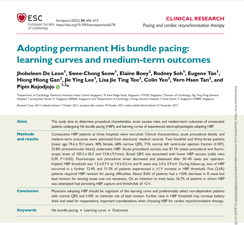 curilakarol's tweet photo. Another study described HBP with a low success rate, long fluoro times, and long-term pacing output below 2V present in only 57% of patients. 
@SergioRichterMD in comment highlights the need for improvement of the technique and tools to improve the success rate and results of CSP https://t.co/iylB0vj7Sm