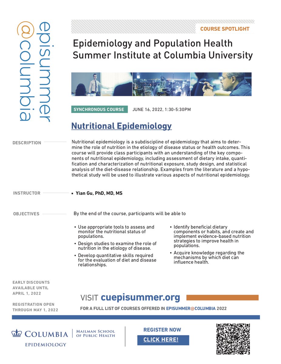 CUEpidemiology's tweet photo. Register for these great courses- part of Dept of Epidemiology @ Columbia University Mailman School of Public Health's summer institute, episummer@columbia! Find out more about episummer at https://t.co/3HHkXUo9ZQ
Peruse our June 2022 short courses at https://t.co/BbxD6NOGOE https://t.co/CSuM27CJmT