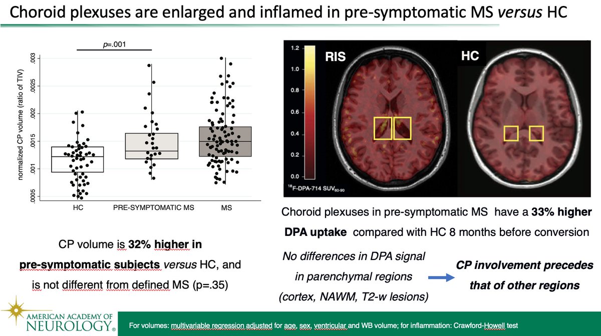 Stop by at our poster on CP imaging modifications in RIS, presented today during Poster Session 15 (number 005 - Neighborhood 4), from 5:30 to 6:30 PM at #AANAM 

#AAN #AANAM #MultipleSclerosis #AANscience @MyelinIcm