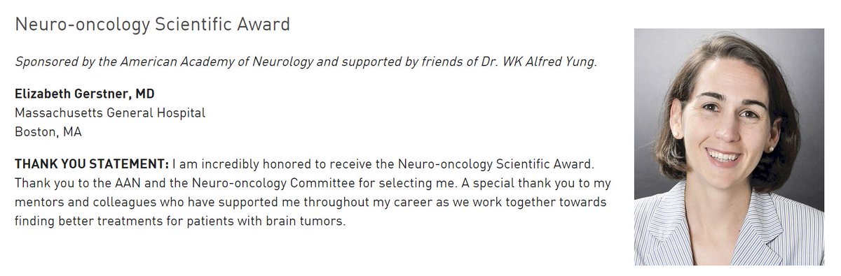 A big congrats to our wonderful lab co-director, Dr. Elizabeth Gerstner, on winning the @AANMember Neuro-oncology Scientific Award!