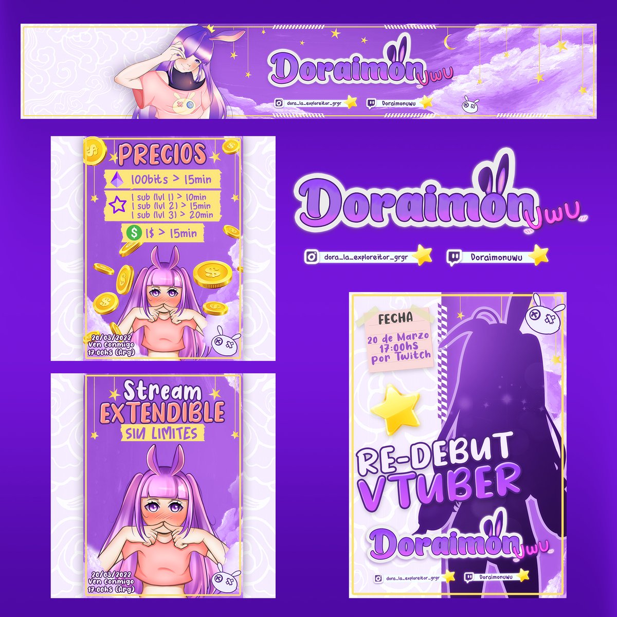 Realizacion de diseño de banner, logo, afiches y mas.... PD: las ilustraciones de la chica con orejas fue realizada por <a href="/Doraimonuwu/">‧₊ ˚❥ DoraimonVT ✧Comms Close✧ ‧₊˚</a>... siganla y también denle apoyo en su canal de twitch: twitch.tv/doraimonuwu