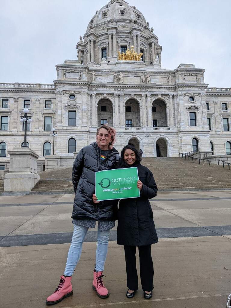 saraswati_mn's tweet photo. I had the honor of meeting @leighfinke at the Capitol for LGBTQ+ Lobby Day while we stood in the windy, frigid, and rainy cold. She is also running to make history—as the first trans woman in the MN state legislature! #outfrontmn #BeBoldLiveOutFront https://t.co/47Djfzn7Q9