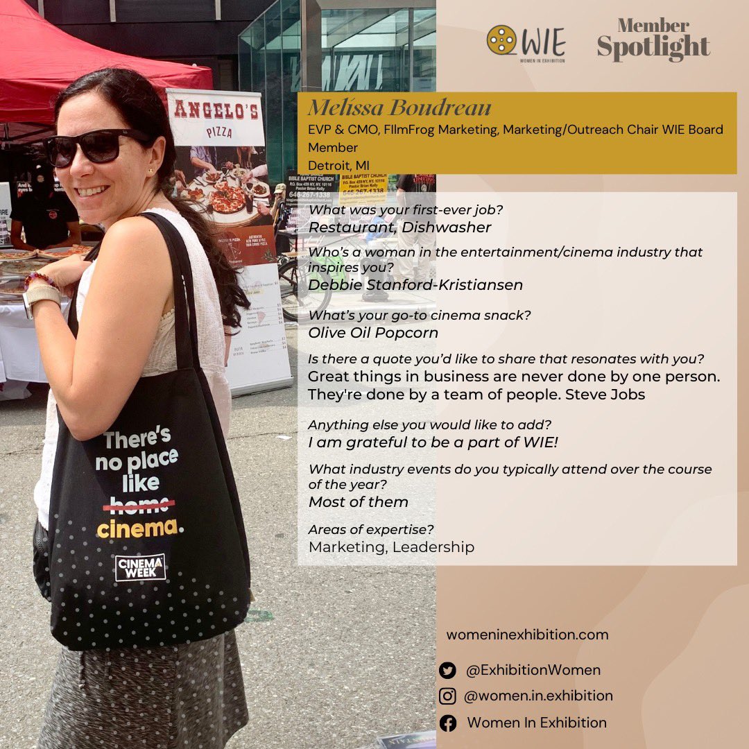 ExhibitionWomen's tweet photo. Every week #WIE highlights our dynamic members! This week's #WIEMemberSpotlight is shouting out our very own WIE Board Member, and EVP/CMO of FilmFrog Marketing, Melissa Boudreau! Show her some love in the comments!
#WomenInExhibition #WCW #femaleentrepreneur #cinemaexhibition https://t.co/RYcLhgPEKr