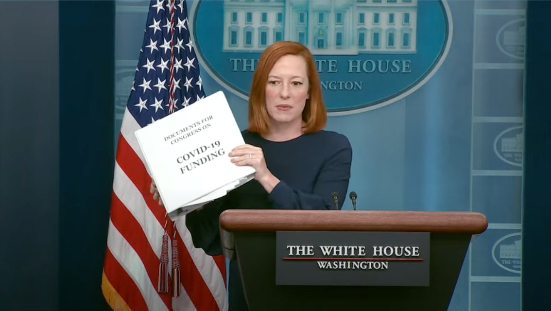 JenniferShutt's tweet image. .@PressSec holds up a binder filled with 385 pages of information she says the Biden administration has given to Congress to explain where COVID-19 funding has gone and why the administration wants $22.5B more for testing, treatment and vaccines.
