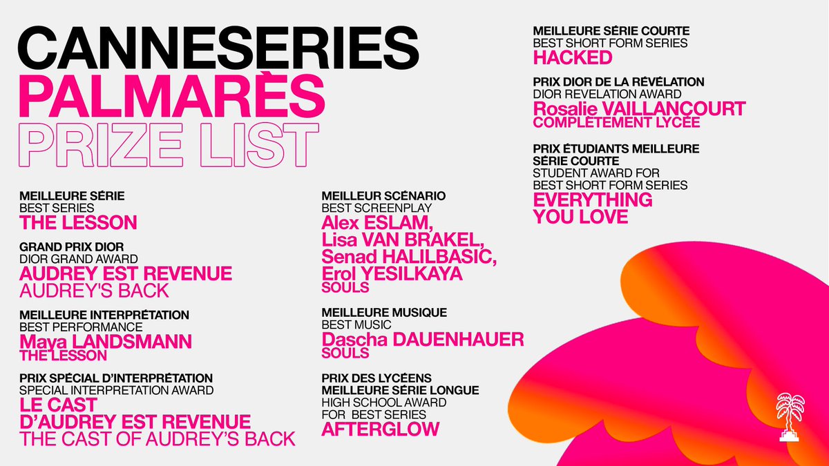 CANNESERIES's tweet photo. 🏆 Discover the winners from #CANNESERIES Season 5
🏆 Découvrez le palmarès de #CANNESERIES Saison 5 https://t.co/DDcbMYFMD6