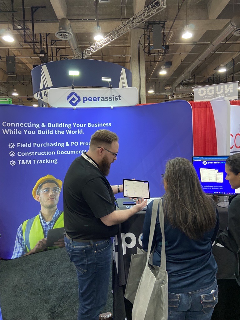 PeerAssist's tweet photo. Our team is having a great time with #contractors stopping by at #INTEX22. @AWCI_INFO puts on a great event for Wall & Ceiling #construction firms. #FieldProductivity helps contractors improve efficiency between the field and the office.
#AWCICon22 #contech https://t.co/mP3iGZH7NT