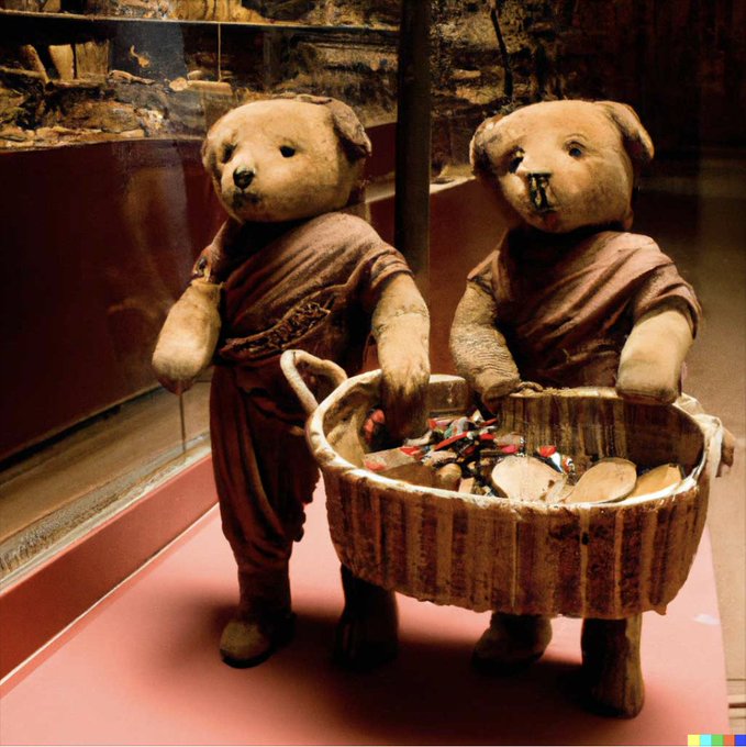 Image Generated by OpenAI DALL E-2: "Teddy bears shopping for groceries in ancient Egypt"