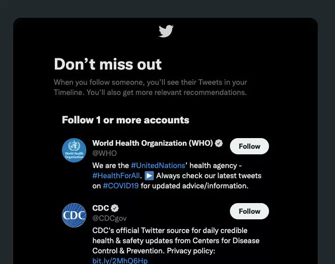 twetchapp's tweet photo. Twitter onboarding requires you to follow someone and the top recommendations are the WHO, the CDC and the WEC 

Not sure if @elonmusk owns twitter or the US Government https://t.co/GCqOtYW1nK