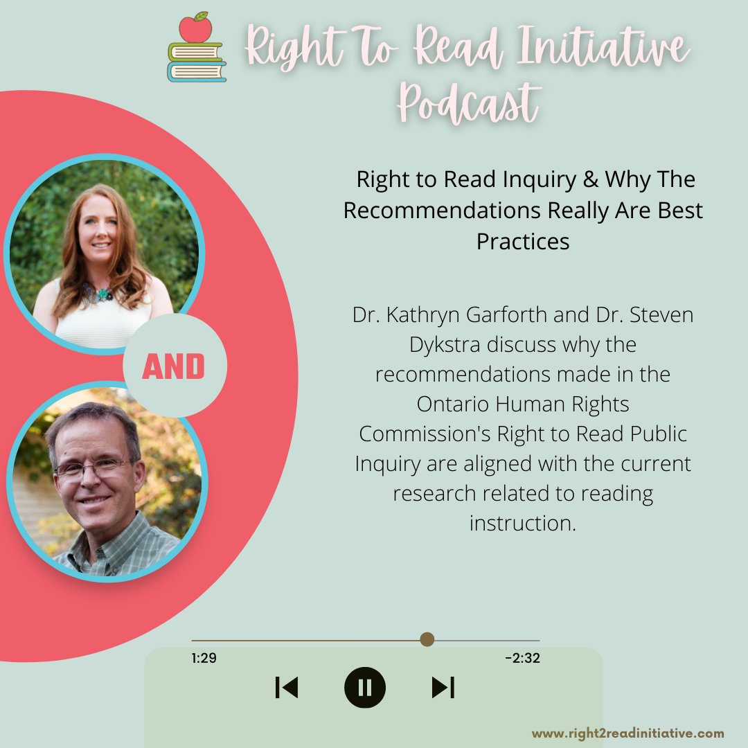 R2RInitiative's tweet photo. In this podcast episode Dr. Kathryn Garforth speaks with Dr. Steven Dykstra about the Right to Read Initiative &amp; Why The Recommendations Really Are Best Practices.

Link to the podcast:
https://t.co/DOm01POuDn

#podcast #RightToRead #OHRC
#readinginstructions #research https://t.co/saYnJFC3yk