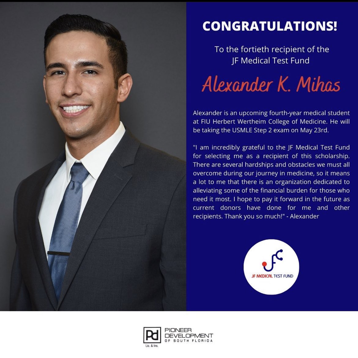 jfmedtestfund's tweet photo. And the big 40 goes to Alexander Mihas! Congrats Alex your Step 2 exam will be funded at full cost! The journey continues and we hope to make a difference in more medical students like you. @FIUMedicine #MedTwitter #USMLE #boardexams2022 https://t.co/k8578x8k8C