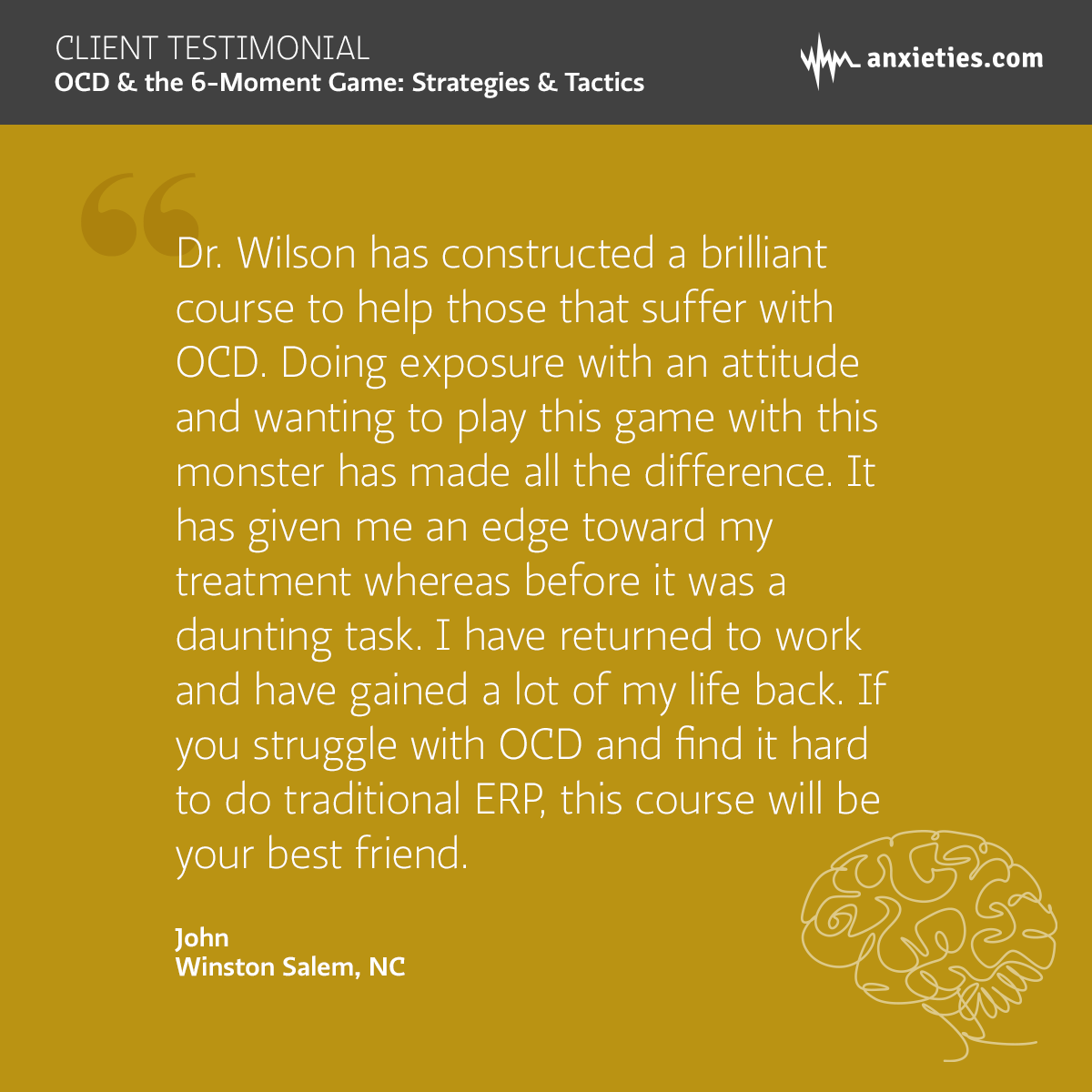 John from North Carolina sent in this review of my latest online course, OCD &amp; the 6-Moment Game: Strategies &amp; Tactics.

Learn more about the course here: anxieties.com/ocd-and-the-6-…