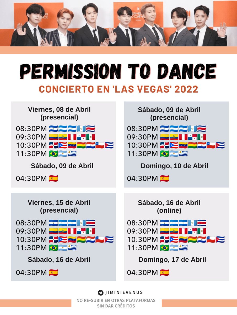jiminievenus's tweet photo. 📑 | Horarios actualizados:

               « 'Permission to Dance - Las Vegas'»

— Les estaré compartiendo 🔗 de transmisi0n para los 4 días de conciert0s.

— Mi cuenta estará en privado (🔒) por seguridad a las cuentas que van ha transm1t1r (↓) https://t.co/AWHqbacRuV
