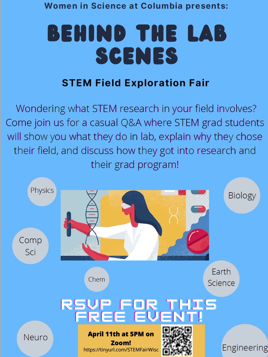ColumbiaWIS's tweet photo. Have questions about pursuing graduate studies in STEM? Join our virtual STEM Field Exploration Fair on Monday April 11th to hear current graduate students talk about their research and how they chose their current field and program! RSVP: https://t.co/s1JXuogkOs https://t.co/B32q0ZG3Ck