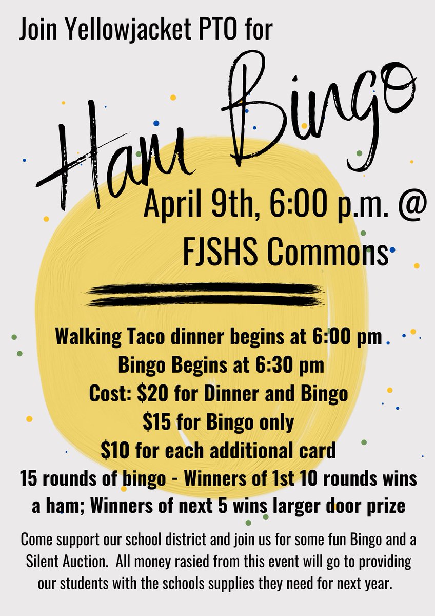 FredoniaLES's tweet photo. See the flyer for how to come have a blast at PTO Ham Bingo. You can eat, play, and bid on some amazing baskets all to benefit the PTO School Supply Fund. You may win a ham or even more. Come have fun this Saturday April 9 at 6:00 PM to eat or 6:30 PM for just Bingo. #leshinelc https://t.co/nmOgW4CkQL