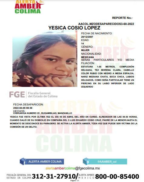 AAMBER_col's tweet photo. Alerta AMBER Colima solicita su apoyo para localizar a la menor YESICA COSIO LÓPEZ, a quien se reportó como no localizada en la colonia Bugambilias, de la localidad El Naranjo del municipio de Manzanillo. https://t.co/xPSmIIn1Me