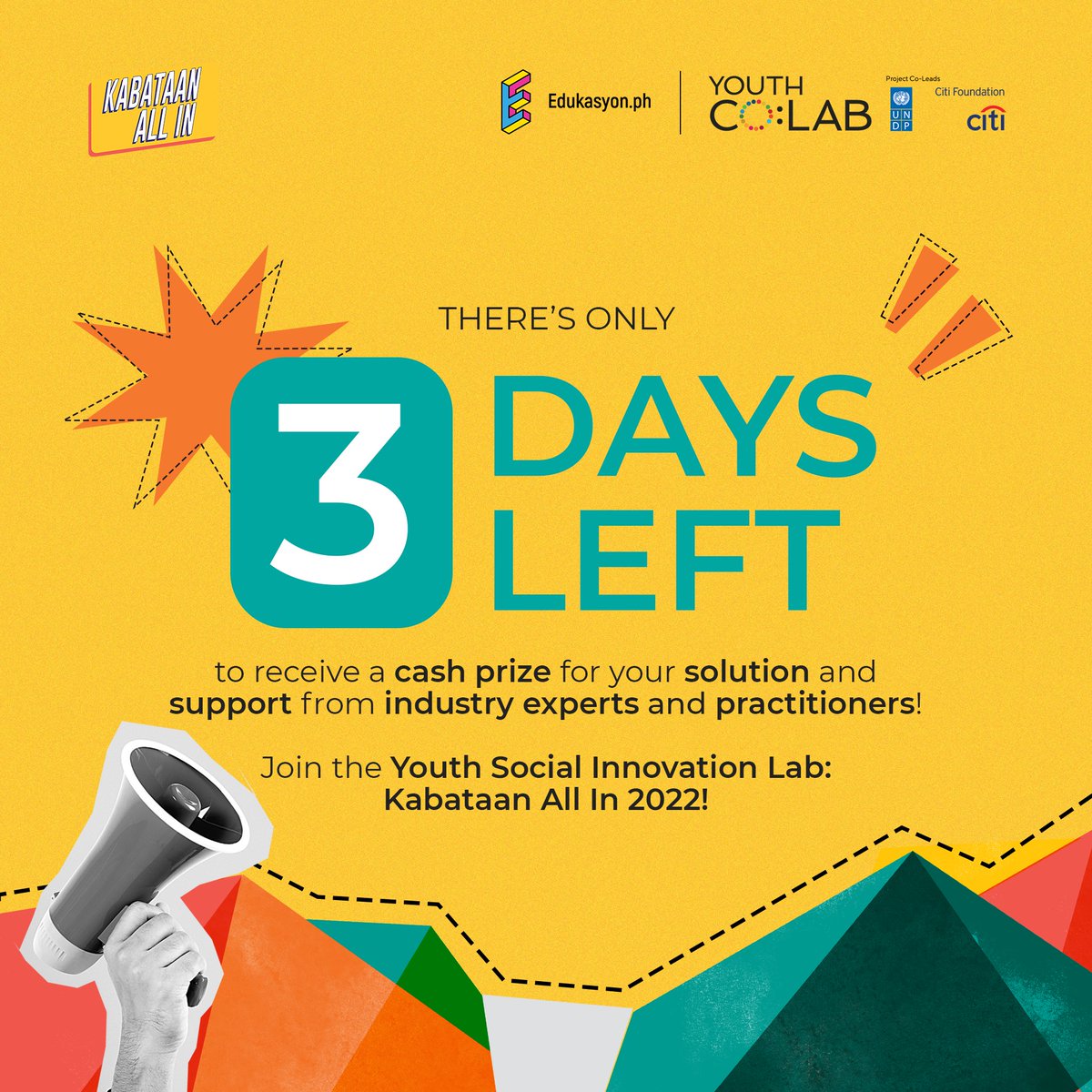 UNDPPH's tweet photo. 3โฃ DAYS LEFT to meet other changemakers and build your networks! ๐ก
Don't miss applying to the Youth Social Innovation Lab: Kabataan All in 2022 here: https://t.co/7cvTlv8ORD ๐
Application closes on April 10, 2022, Sunday.
#YSIL #YouthCoLab #KabataanAllIn https://t.co/wWS5WLOV0G
