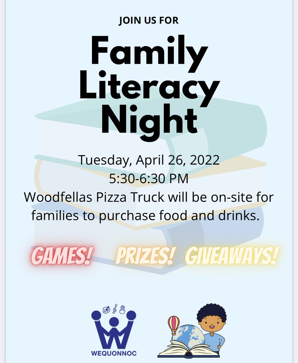 WequonnocEle's tweet photo. Join us for Family Literacy Night! We will have games, giveaways, prizes and Woodfellas Pizza Food truck on site! #readersread #wearenorwich @norwichps https://t.co/cOm5Cbuulu
