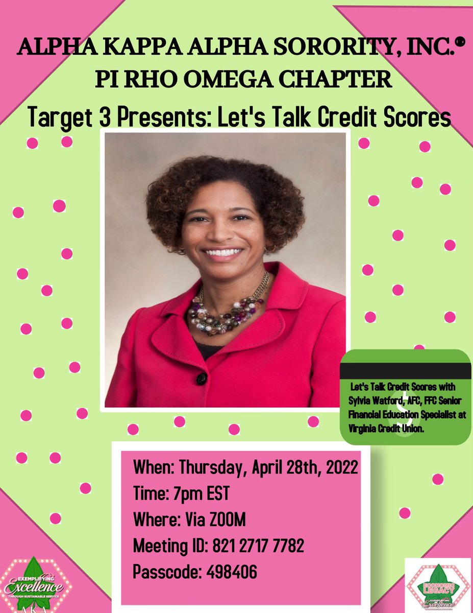 PiRhoOmegaAKA's tweet photo. Our Target 3 : Building Your Economic Legacy Committee brings a workshop on Credit Repair!  This event is interactive, and we would love to see you there!  
Zoom details on the flyer.
#aka1908 #midatlanticaka #proaka https://t.co/eZxJ06AJzq