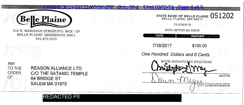 Belle Plaine check from 7/18/2017, it says "Pay to the order of Reason Alliance Ltd c/o The Satanic Temple 64 Bridge St, Salem, MA 01970", amount of $100