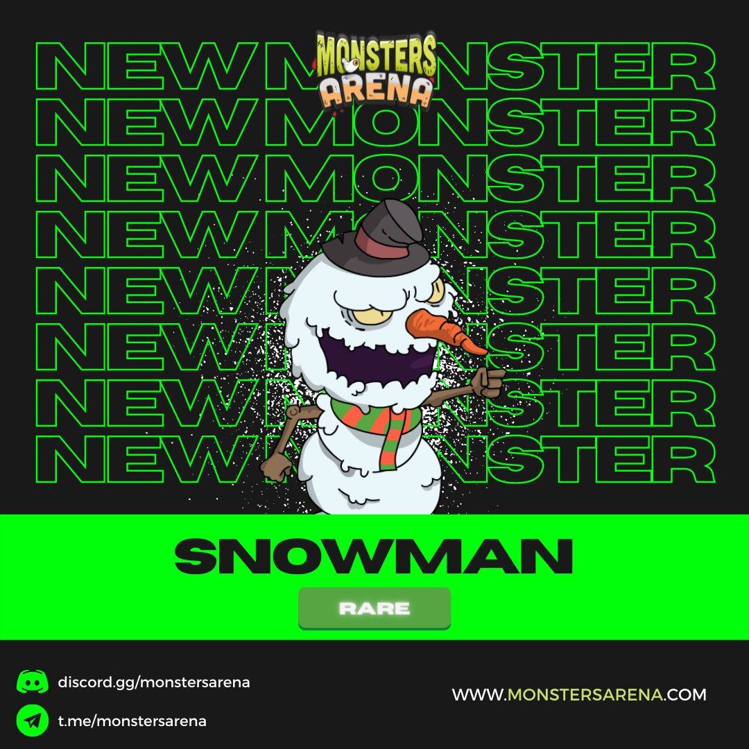 monstersarena's tweet photo. ❄️#3 SNOWMAN

He came from the artic, to challenge himself on different territories. Meet the SNOWMAN, he is unique, he is RARE.

Stay Tuned for the next updates. BIG NEWS Tomorrow.

#NFTs #NFTGame #nftgames #PlayToEarn #play2earn #monstersarena #NFT #blockchaingames https://t.co/zC0WPZIu87