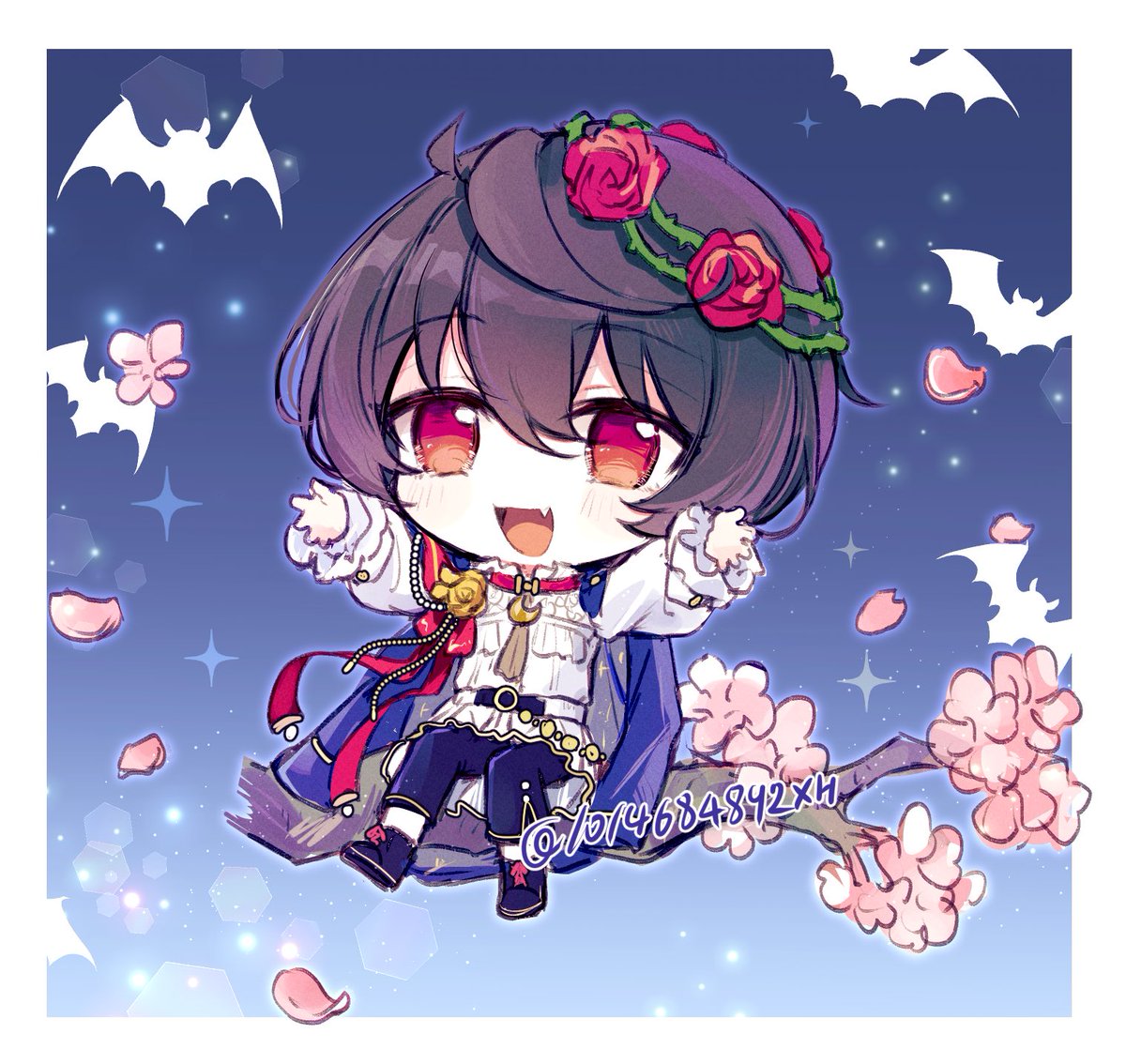 1boy male focus flower chibi red eyes fang rose  illustration images