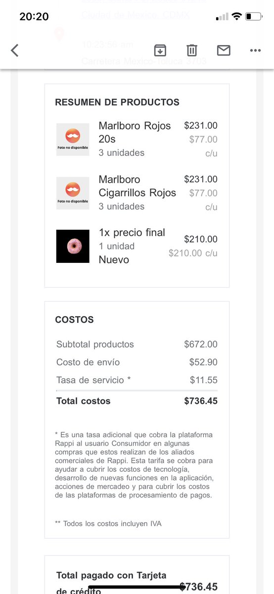 RodLoPor's tweet photo. Increíble el robo de @RappiMexico, @Profeco. Literal. Pedí tres cajetillas de cigarros. Me pidieron aceptar un precio final de $210. La suma daba, extrañamente, $700. Acepté porque me dijeron se ajustaría. Acabé pagando $700 por tres cajetillas. Y no han sido capaces de resolver. https://t.co/QbE9GOiZr4