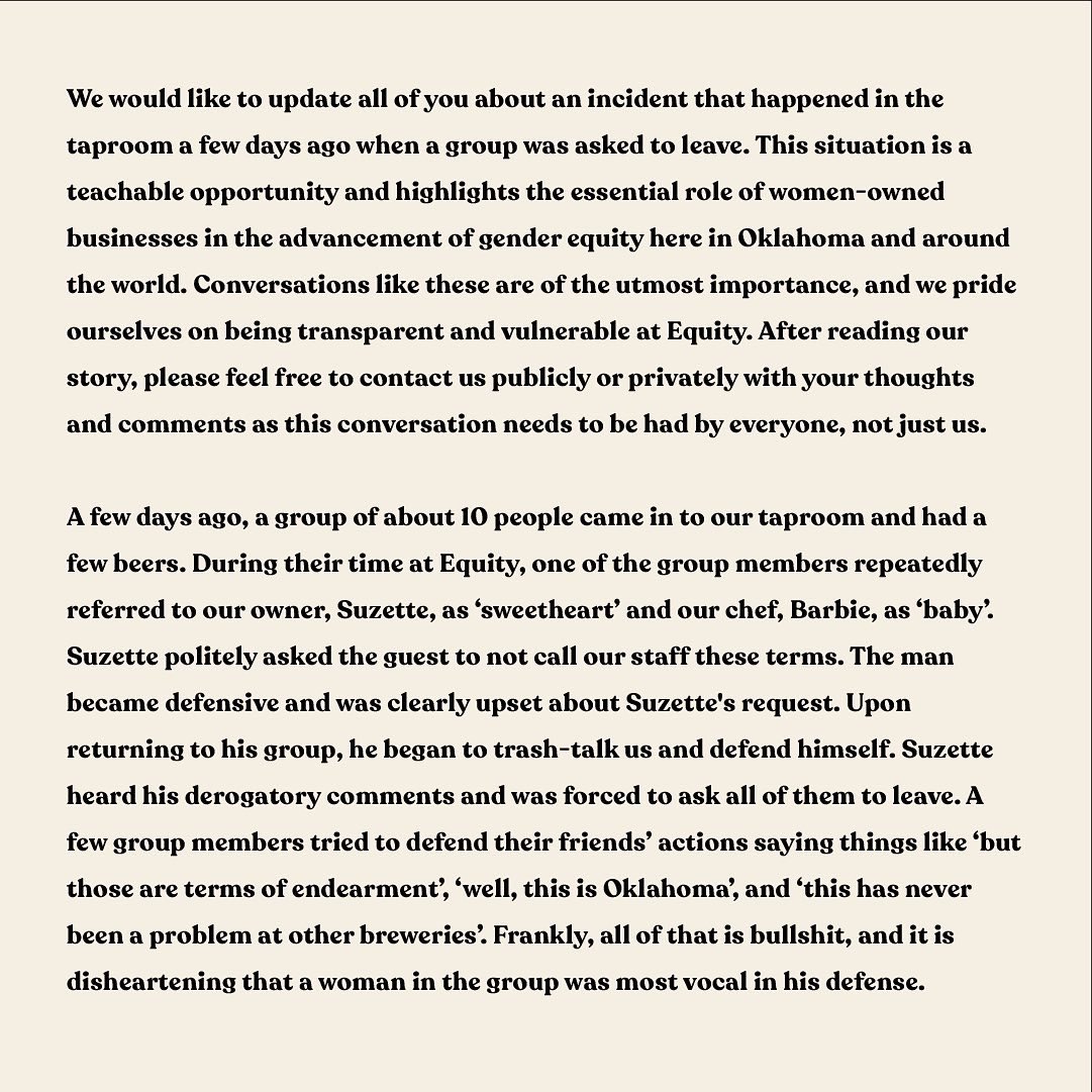 equitybrewingco's tweet photo. Please read our statement on this incident that occurred in our taproom. You can read it on our blog linked in our bio as well. https://t.co/nyNlSqa0pf